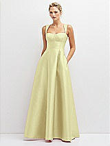 Front View Thumbnail - Butter Yellow Lace-Up Back Bustier Satin Dress with Full Skirt and Pockets