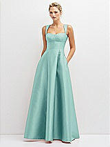 Front View Thumbnail - Coastal Lace-Up Back Bustier Satin Dress with Full Skirt and Pockets