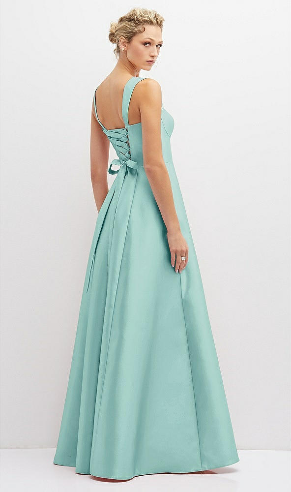 Back View - Coastal Lace-Up Back Bustier Satin Dress with Full Skirt and Pockets