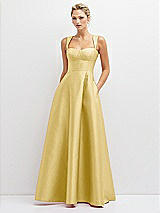 Front View Thumbnail - Maize Lace-Up Back Bustier Satin Dress with Full Skirt and Pockets