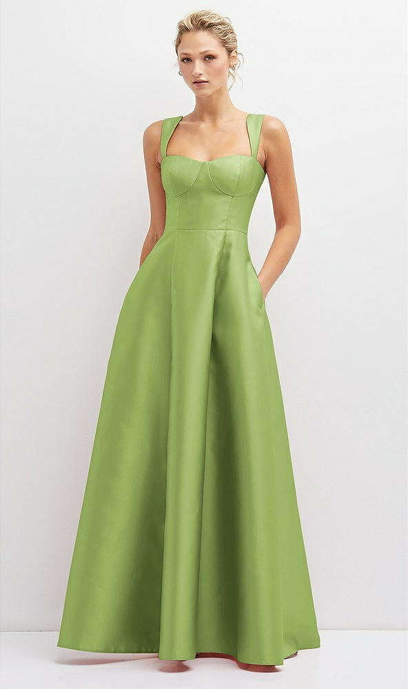 Front View - Mojito Lace-Up Back Bustier Satin Dress with Full Skirt and Pockets