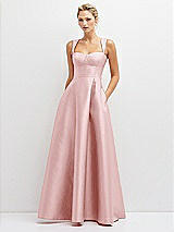 Front View Thumbnail - Ballet Pink Lace-Up Back Bustier Satin Dress with Full Skirt and Pockets