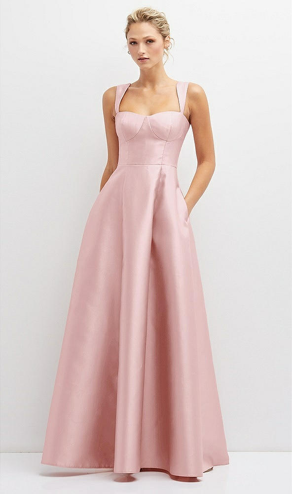 Front View - Ballet Pink Lace-Up Back Bustier Satin Dress with Full Skirt and Pockets