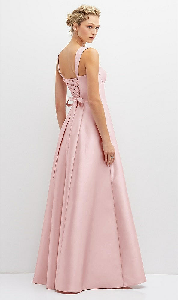 Back View - Ballet Pink Lace-Up Back Bustier Satin Dress with Full Skirt and Pockets