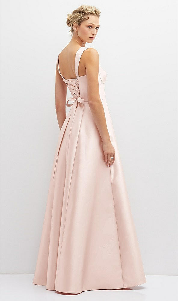 Back View - Blush Lace-Up Back Bustier Satin Dress with Full Skirt and Pockets