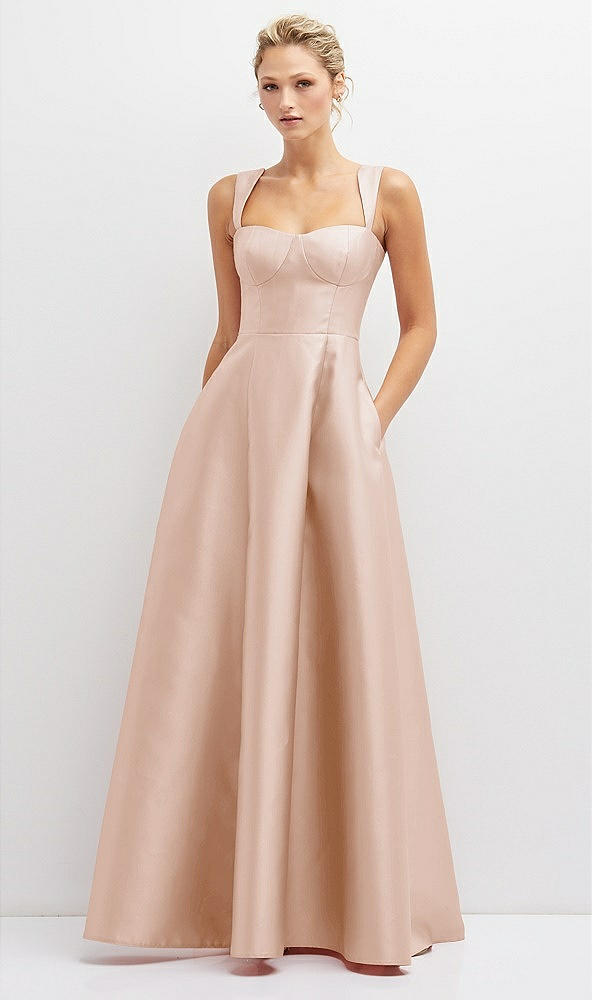 Front View - Cameo Lace-Up Back Bustier Satin Dress with Full Skirt and Pockets