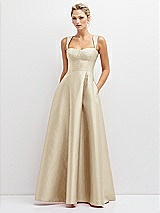 Front View Thumbnail - Champagne Lace-Up Back Bustier Satin Dress with Full Skirt and Pockets