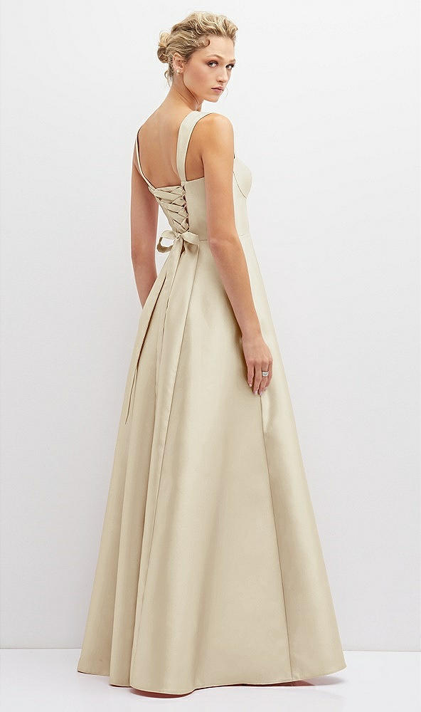 Back View - Champagne Lace-Up Back Bustier Satin Dress with Full Skirt and Pockets