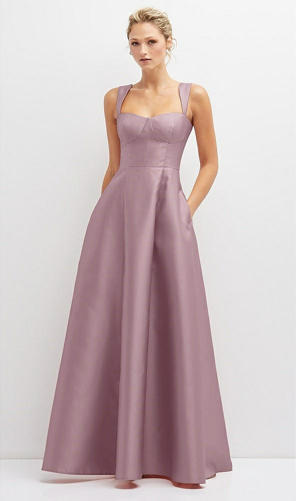 Front View - Dusty Rose Lace-Up Back Bustier Satin Dress with Full Skirt and Pockets