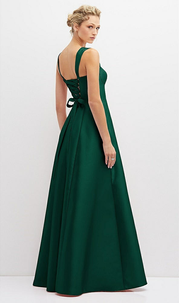 Back View - Hunter Green Lace-Up Back Bustier Satin Dress with Full Skirt and Pockets