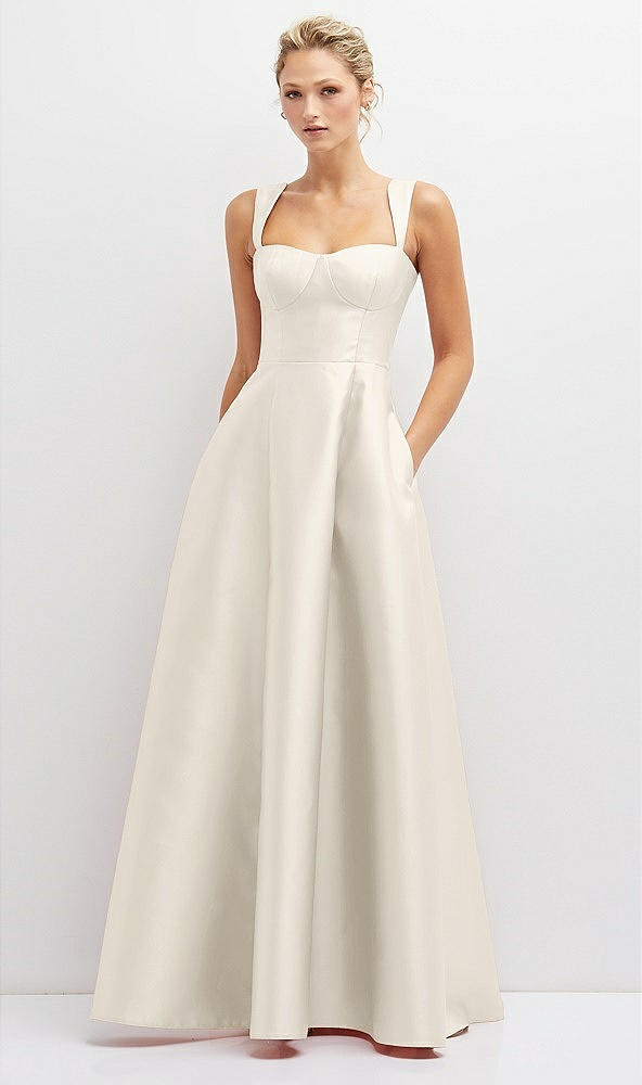 Front View - Ivory Lace-Up Back Bustier Satin Dress with Full Skirt and Pockets