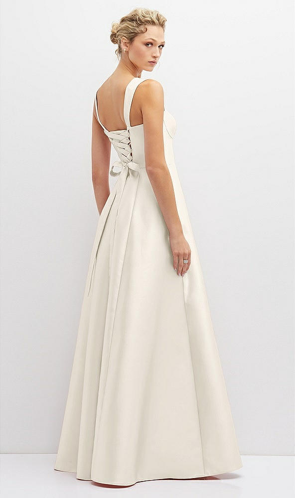 Back View - Ivory Lace-Up Back Bustier Satin Dress with Full Skirt and Pockets