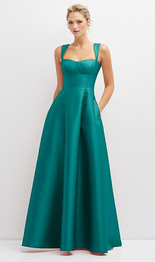 Front View - Jade Lace-Up Back Bustier Satin Dress with Full Skirt and Pockets