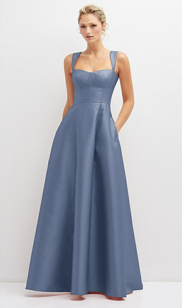 Front View - Larkspur Blue Lace-Up Back Bustier Satin Dress with Full Skirt and Pockets