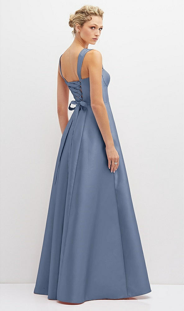 Back View - Larkspur Blue Lace-Up Back Bustier Satin Dress with Full Skirt and Pockets