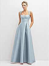 Front View Thumbnail - Mist Lace-Up Back Bustier Satin Dress with Full Skirt and Pockets