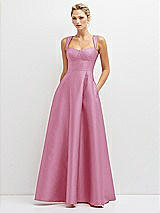 Front View Thumbnail - Powder Pink Lace-Up Back Bustier Satin Dress with Full Skirt and Pockets