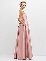 Side View Thumbnail - Rose - PANTONE Rose Quartz Lace-Up Back Bustier Satin Dress with Full Skirt and Pockets