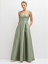 Front View Thumbnail - Sage Lace-Up Back Bustier Satin Dress with Full Skirt and Pockets