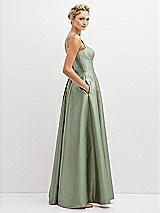 Side View Thumbnail - Sage Lace-Up Back Bustier Satin Dress with Full Skirt and Pockets