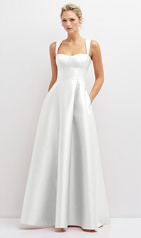 Front View - White Lace-Up Back Bustier Satin Dress with Full Skirt and Pockets