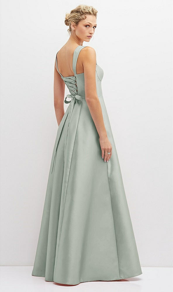 Back View - Willow Green Lace-Up Back Bustier Satin Dress with Full Skirt and Pockets