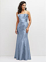 Front View Thumbnail - Cloudy Strapless Satin Fit and Flare Dress with Crumb-Catcher Bodice