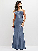 Front View Thumbnail - Larkspur Blue Strapless Satin Fit and Flare Dress with Crumb-Catcher Bodice