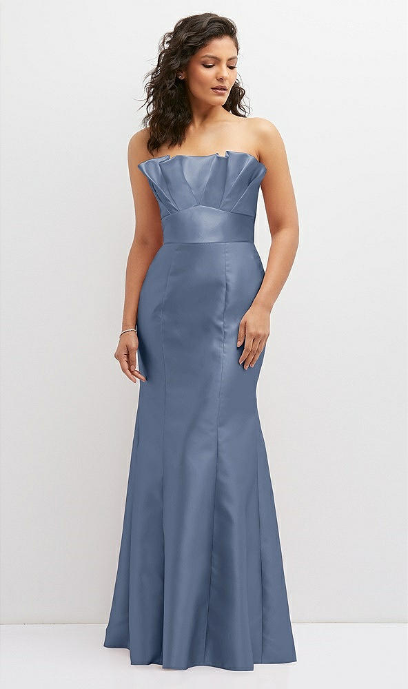 Front View - Larkspur Blue Strapless Satin Fit and Flare Dress with Crumb-Catcher Bodice