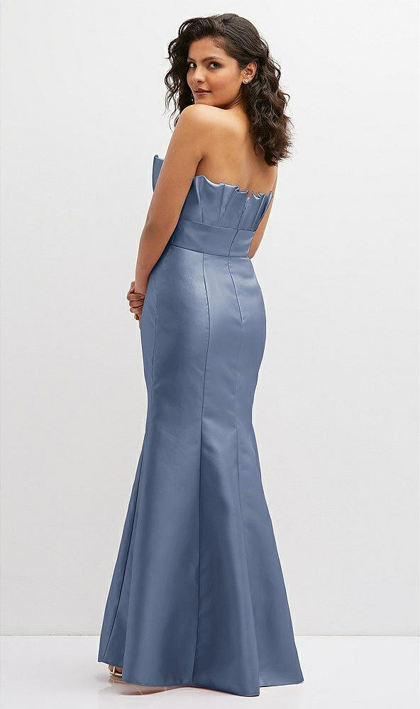 Back View - Larkspur Blue Strapless Satin Fit and Flare Dress with Crumb-Catcher Bodice