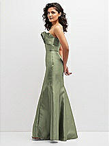 Side View Thumbnail - Sage Strapless Satin Fit and Flare Dress with Crumb-Catcher Bodice