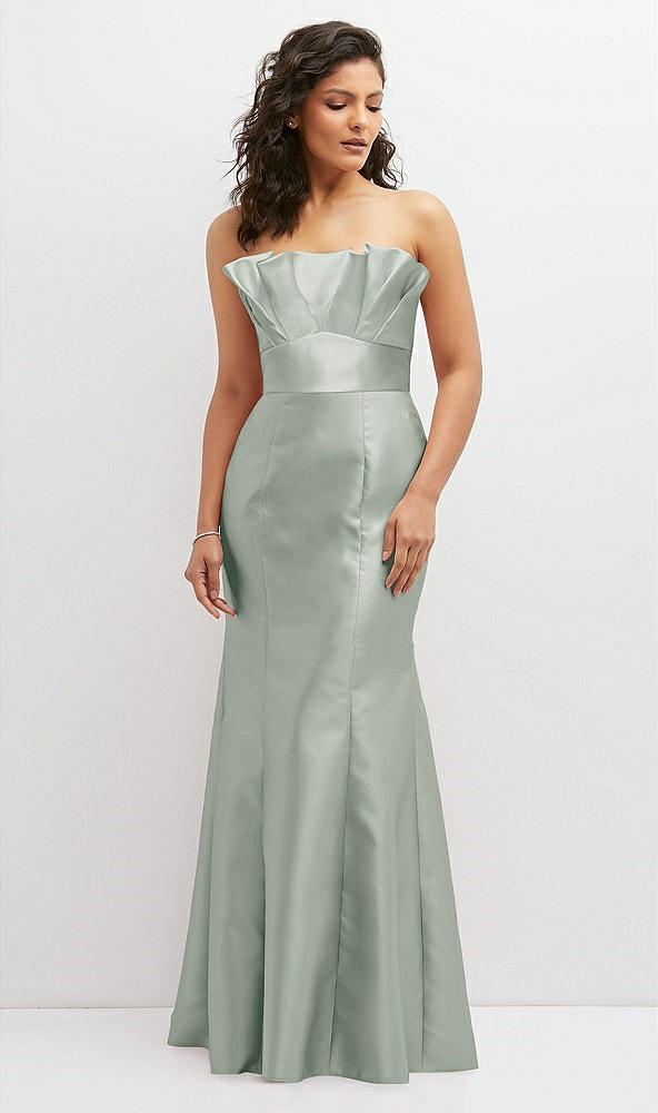 Front View - Willow Green Strapless Satin Fit and Flare Dress with Crumb-Catcher Bodice