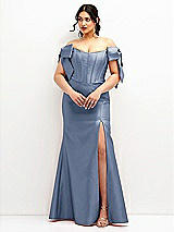 Front View Thumbnail - Larkspur Blue Off-the-Shoulder Bow Satin Corset Dress with Fit and Flare Skirt