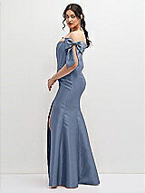 Side View Thumbnail - Larkspur Blue Off-the-Shoulder Bow Satin Corset Dress with Fit and Flare Skirt