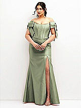 Front View Thumbnail - Sage Off-the-Shoulder Bow Satin Corset Dress with Fit and Flare Skirt