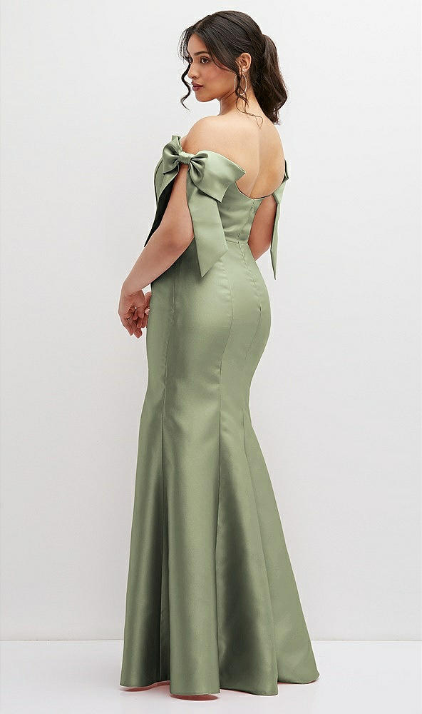 Back View - Sage Off-the-Shoulder Bow Satin Corset Dress with Fit and Flare Skirt