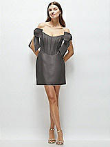 Front View Thumbnail - Caviar Gray Satin Off-the-Shoulder Bow Corset Fit and Flare Mini Dress