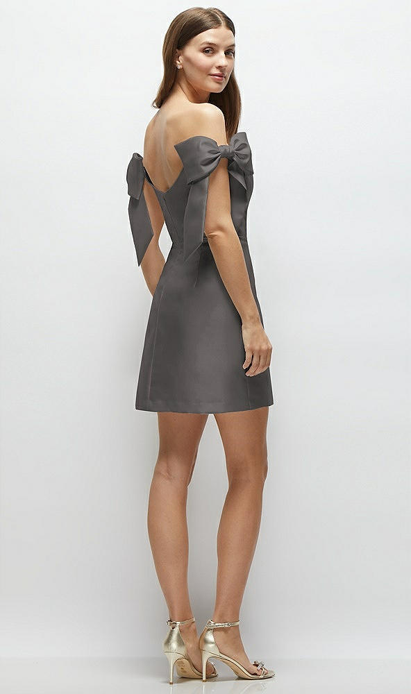 Back View - Caviar Gray Satin Off-the-Shoulder Bow Corset Fit and Flare Mini Dress