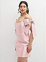 Alt View 1 Thumbnail - Ballet Pink Satin Off-the-Shoulder Bow Corset Fit and Flare Mini Dress