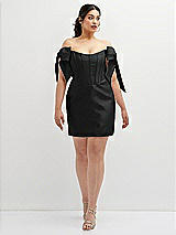 Alt View 2 Thumbnail - Black Satin Off-the-Shoulder Bow Corset Fit and Flare Mini Dress