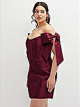 Alt View 1 Thumbnail - Cabernet Satin Off-the-Shoulder Bow Corset Fit and Flare Mini Dress