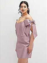 Alt View 1 Thumbnail - Dusty Rose Satin Off-the-Shoulder Bow Corset Fit and Flare Mini Dress