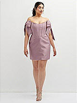 Alt View 2 Thumbnail - Dusty Rose Satin Off-the-Shoulder Bow Corset Fit and Flare Mini Dress