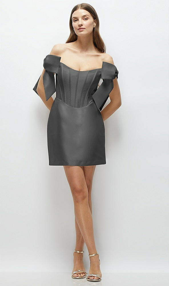 Front View - Gunmetal Satin Off-the-Shoulder Bow Corset Fit and Flare Mini Dress