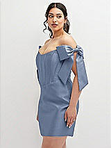 Alt View 1 Thumbnail - Larkspur Blue Satin Off-the-Shoulder Bow Corset Fit and Flare Mini Dress