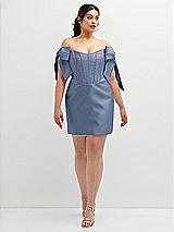 Alt View 2 Thumbnail - Larkspur Blue Satin Off-the-Shoulder Bow Corset Fit and Flare Mini Dress