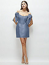 Front View Thumbnail - Larkspur Blue Satin Off-the-Shoulder Bow Corset Fit and Flare Mini Dress