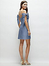 Rear View Thumbnail - Larkspur Blue Satin Off-the-Shoulder Bow Corset Fit and Flare Mini Dress