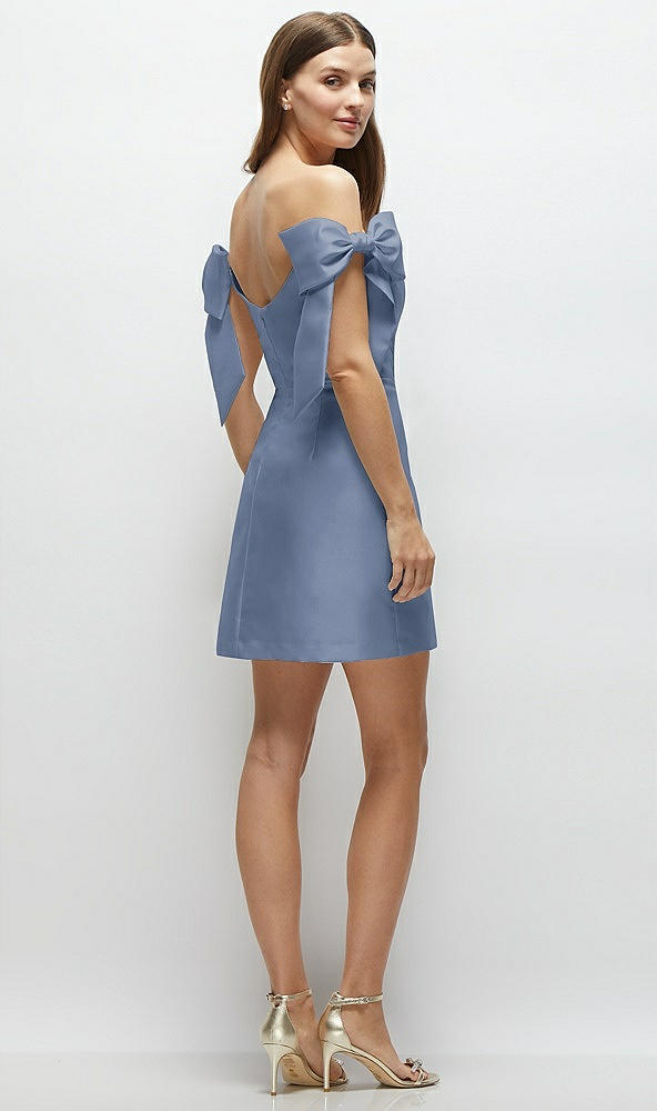 Back View - Larkspur Blue Satin Off-the-Shoulder Bow Corset Fit and Flare Mini Dress