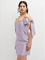 Alt View 1 Thumbnail - Lilac Haze Satin Off-the-Shoulder Bow Corset Fit and Flare Mini Dress